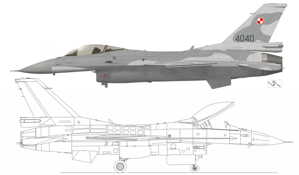  Na asa do F-16 é fácil observar a torção, ou seja, a forma como o acabamento do perfil está voltado para baixo em relação à torção na raiz. 
